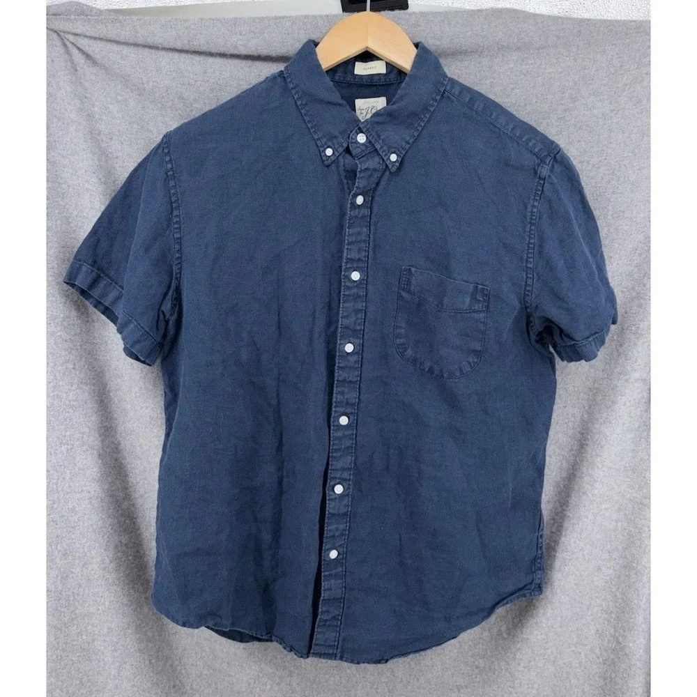 J. Crew Baird McNutt Irish Linen Solid Short Sleeve Large Classic Fit Navy Blue